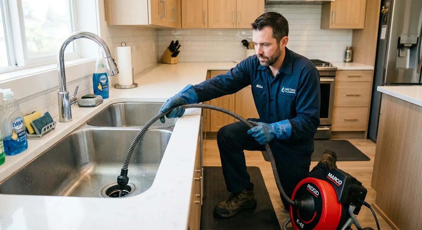 Drain cleaning technician using a motorized snake on a kitchen sink in Palos Hills