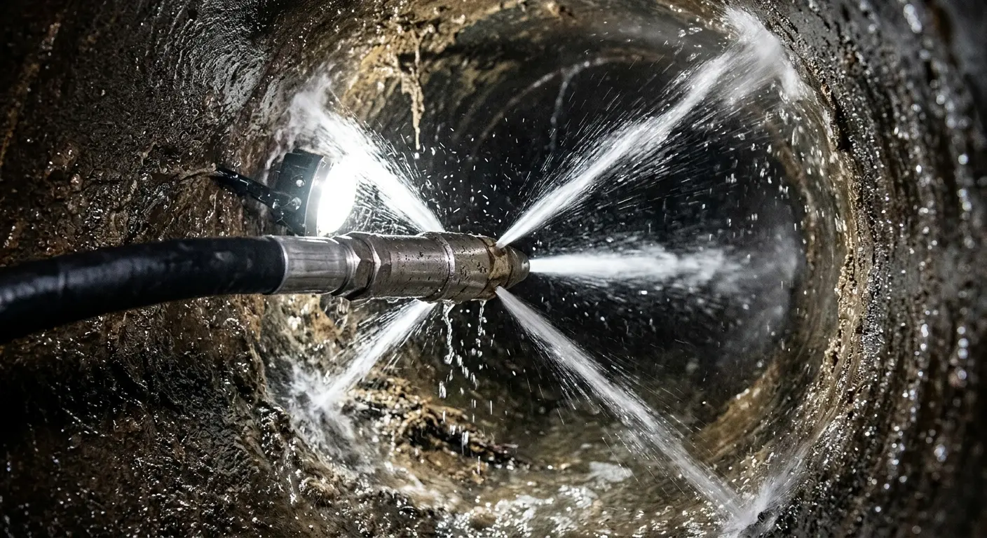 High-pressure hydro jetting nozzle cleaning sewer pipe for Emergency Drain Service in Palos Hills